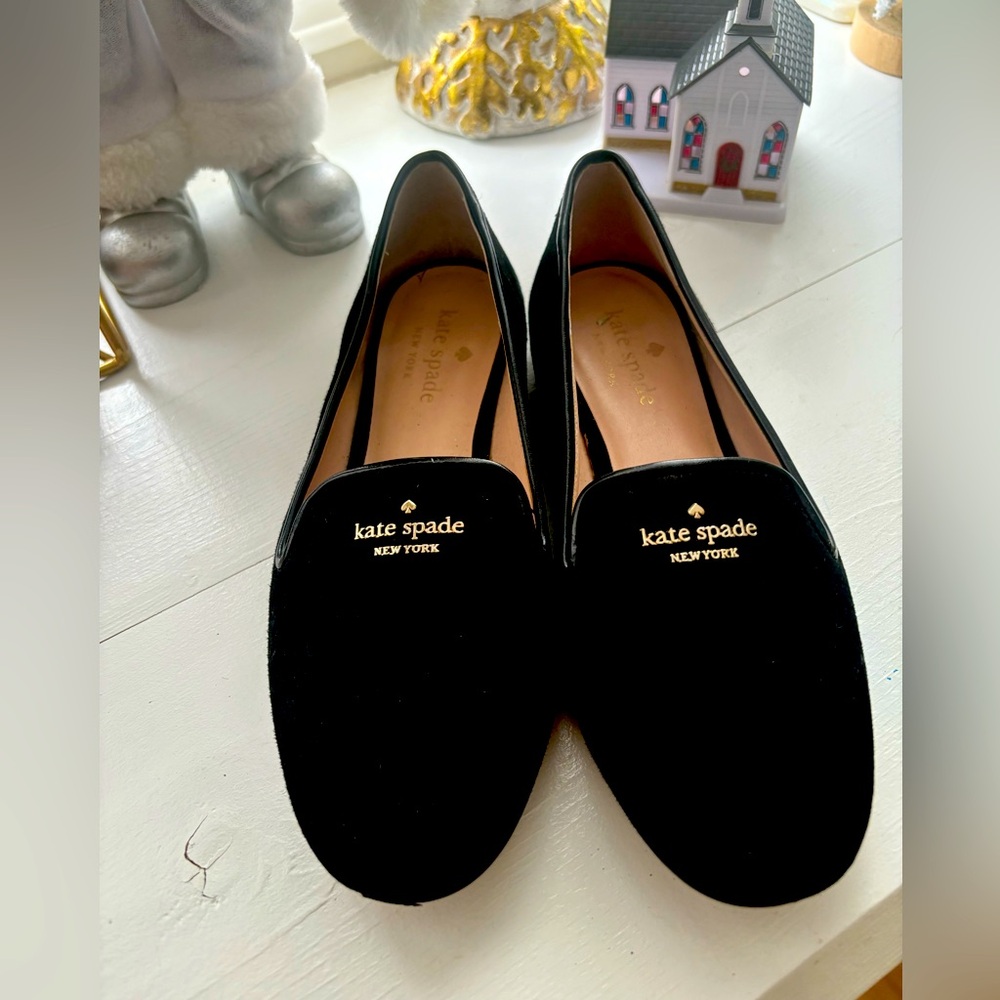 kate spade Black Velvet Loafers with Gold Logo